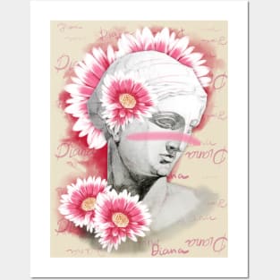 Diana head statue with a pink gerberas flowers on a pink background. Posters and Art